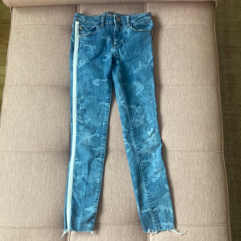 DL1961 skinny camo blue jeans girls - white lateral band - raw hem